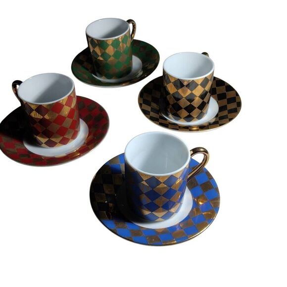 Neiman Marcus Japan Vintage Demitasse Espresso Cup & Saucer Set of 4 Gold Diamon - Picture 1 of 15
